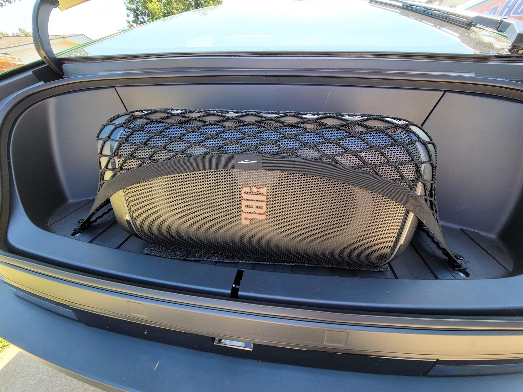 Tesla Cybertruck Party speaker in frunk -- which ones fit and can be secured with factory cargo net? 20240907_133927