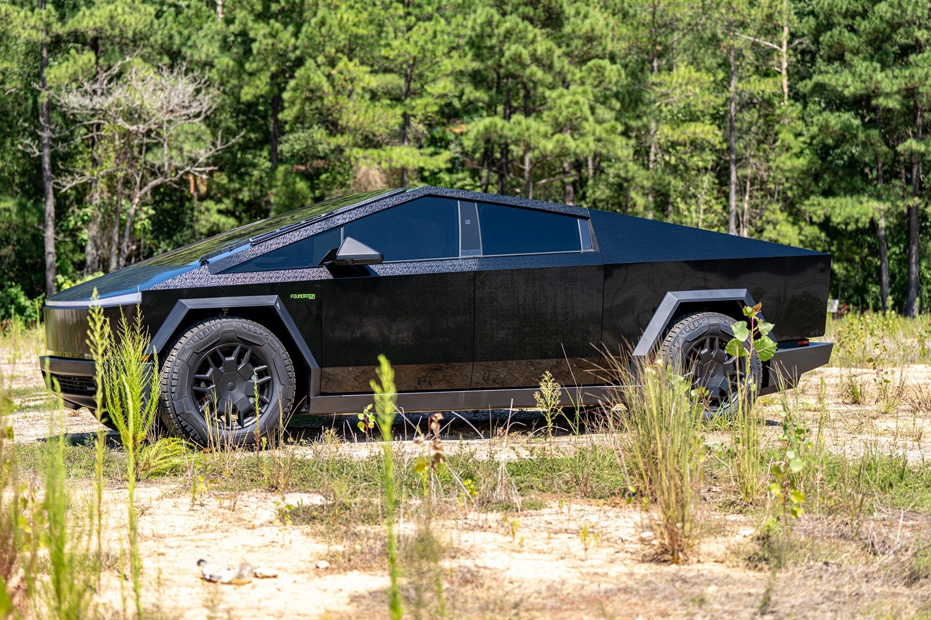 Tesla Cybertruck BLACK Vinyl Wrap & PPF Cybertruck -- Photos & Videos UPPF Black Mosaic Wrap + Lime Green Foundation Series Letters & Cyberbeast Logo 11