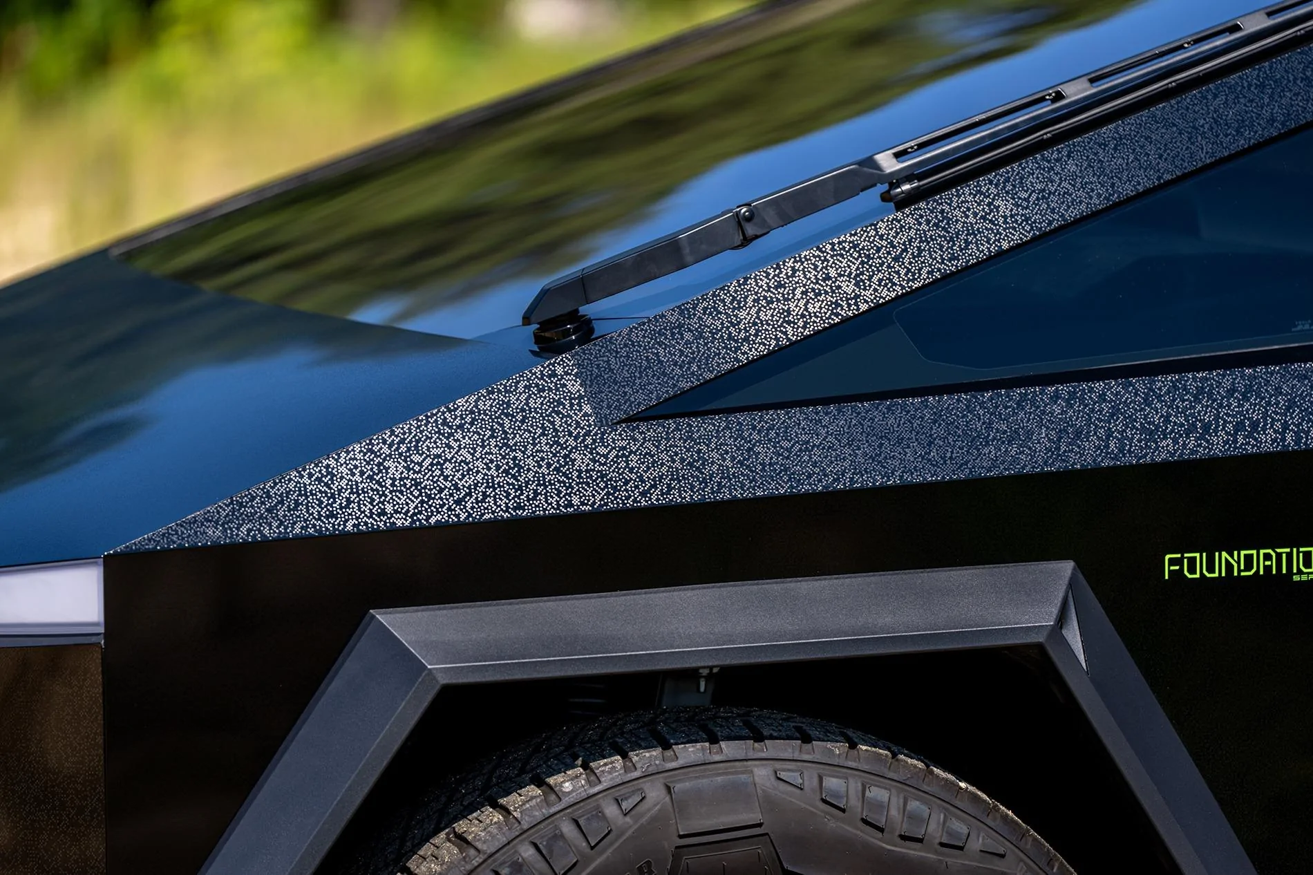 Tesla Cybertruck BLACK Vinyl Wrap & PPF Cybertruck -- Photos & Videos UPPF Black Mosaic Wrap + Lime Green Foundation Series Letters & Cyberbeast Logo 10