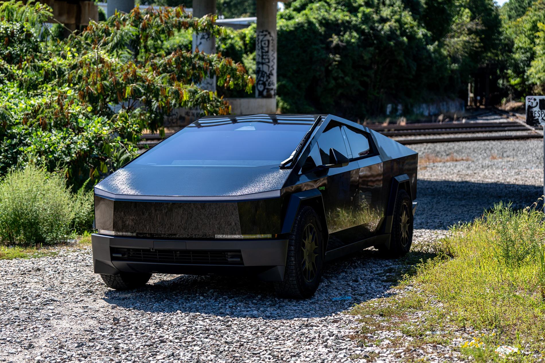 Tesla Cybertruck BLACK Vinyl Wrap & PPF Cybertruck -- Photos & Videos UPPF Black Mosaic Wrap + Lime Green Foundation Series Letters & Cyberbeast Logo 3