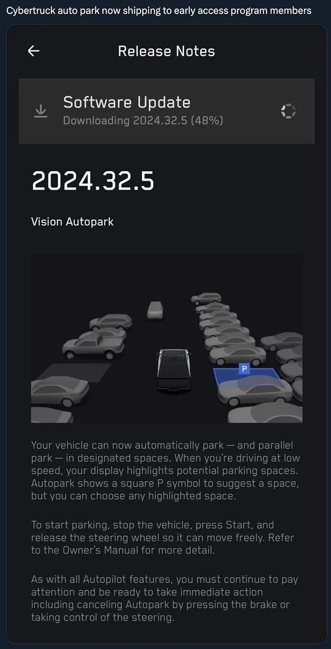 Tesla Cybertruck Auto Park for Cybertruck installed (2024.32.5 update)! -- Video in action cybertruck auto park
