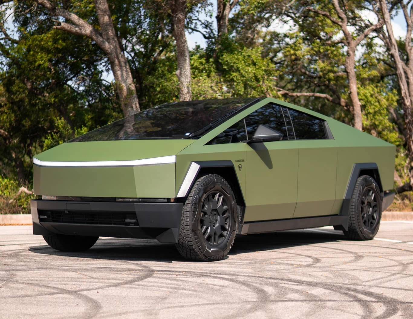 Tesla Cybertruck GREEN Vinyl Wrap & PPF Cybertruck -- Photos & Videos Frozen Matte Army Green Wrap (Inozeteks PPF) on Cybertruck Cyberbeast 1