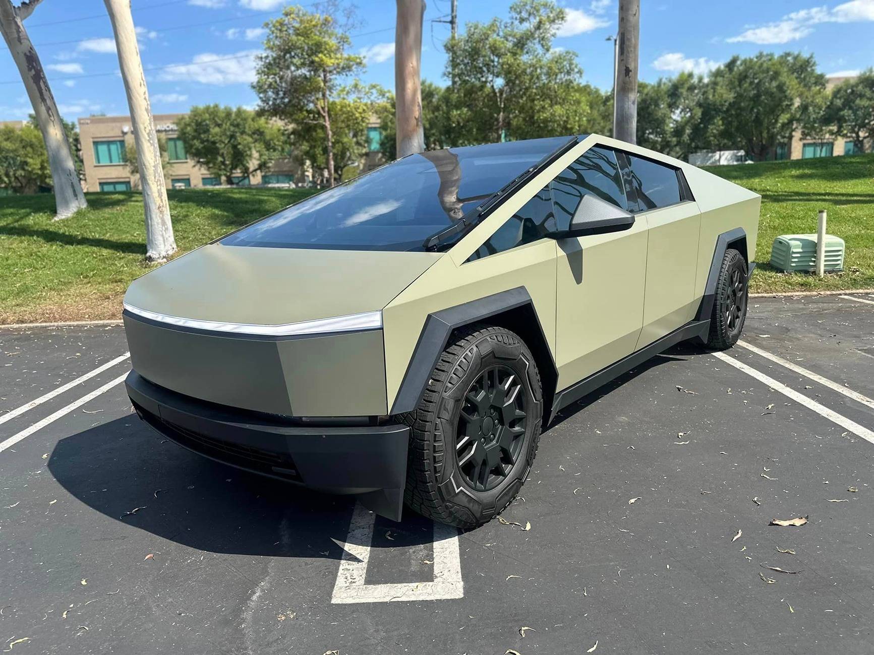 Tesla Cybertruck GREEN Vinyl Wrap & PPF Cybertruck -- Photos & Videos  Avery Dennison Satin Khaki Green Wrap Cybertruck 3