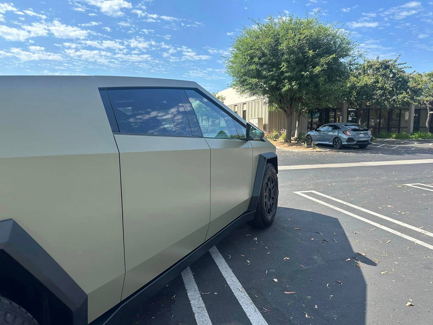 Tesla Cybertruck GREEN Vinyl Wrap & PPF Cybertruck -- Photos & Videos  Avery Dennison Satin Khaki Green Wrap Cybertruck 1