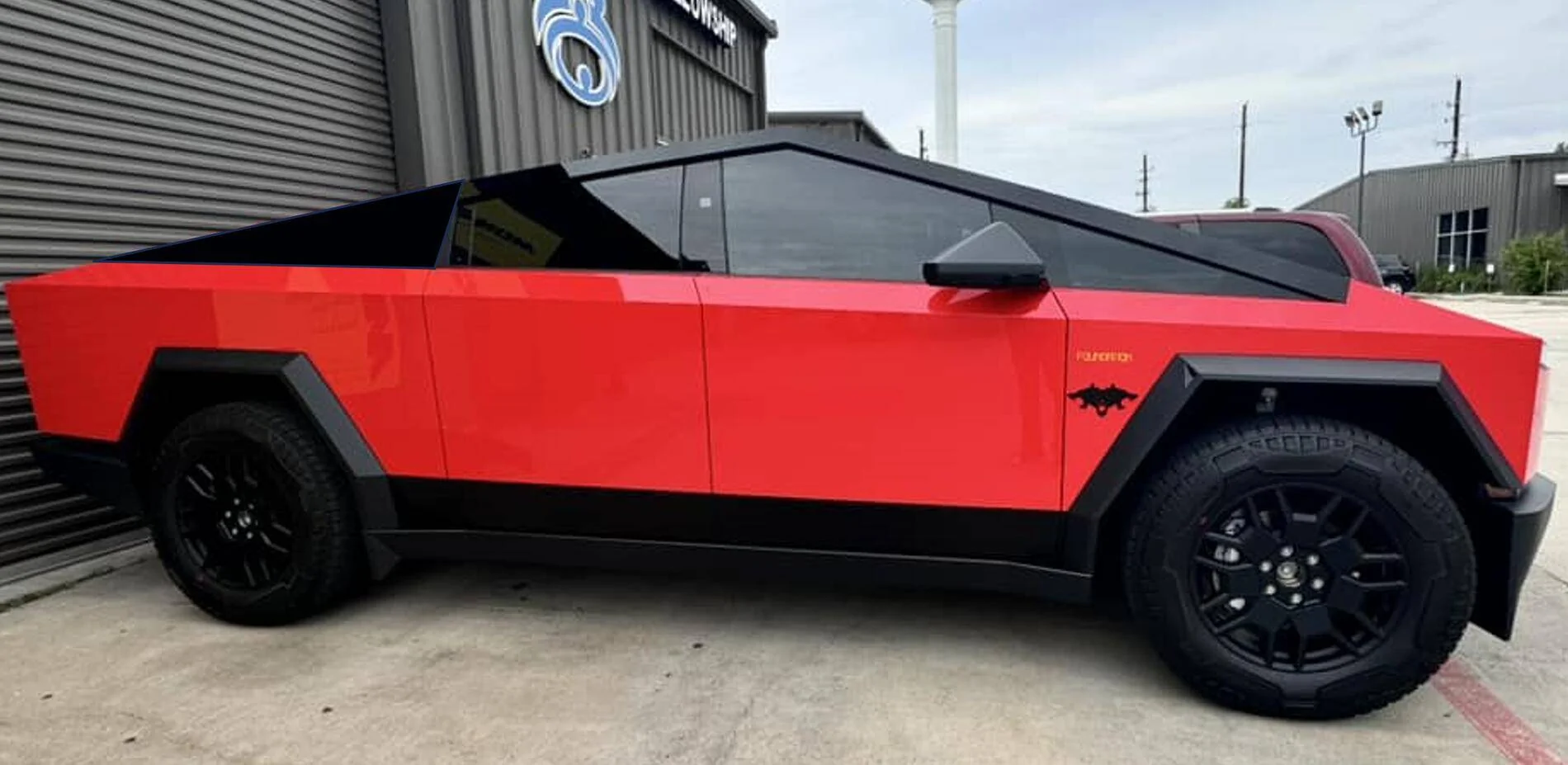 Tesla Cybertruck UPPF Passion Red + Gloss Black Roof & Pillar Delete + Tinted Cyberbeast 1726003891237-md