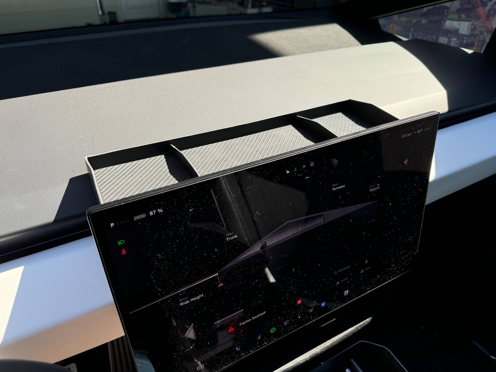 Tesla Cybertruck Center Console Organizer Behind Screen Storage Box prototype from Basenor IMG_7154