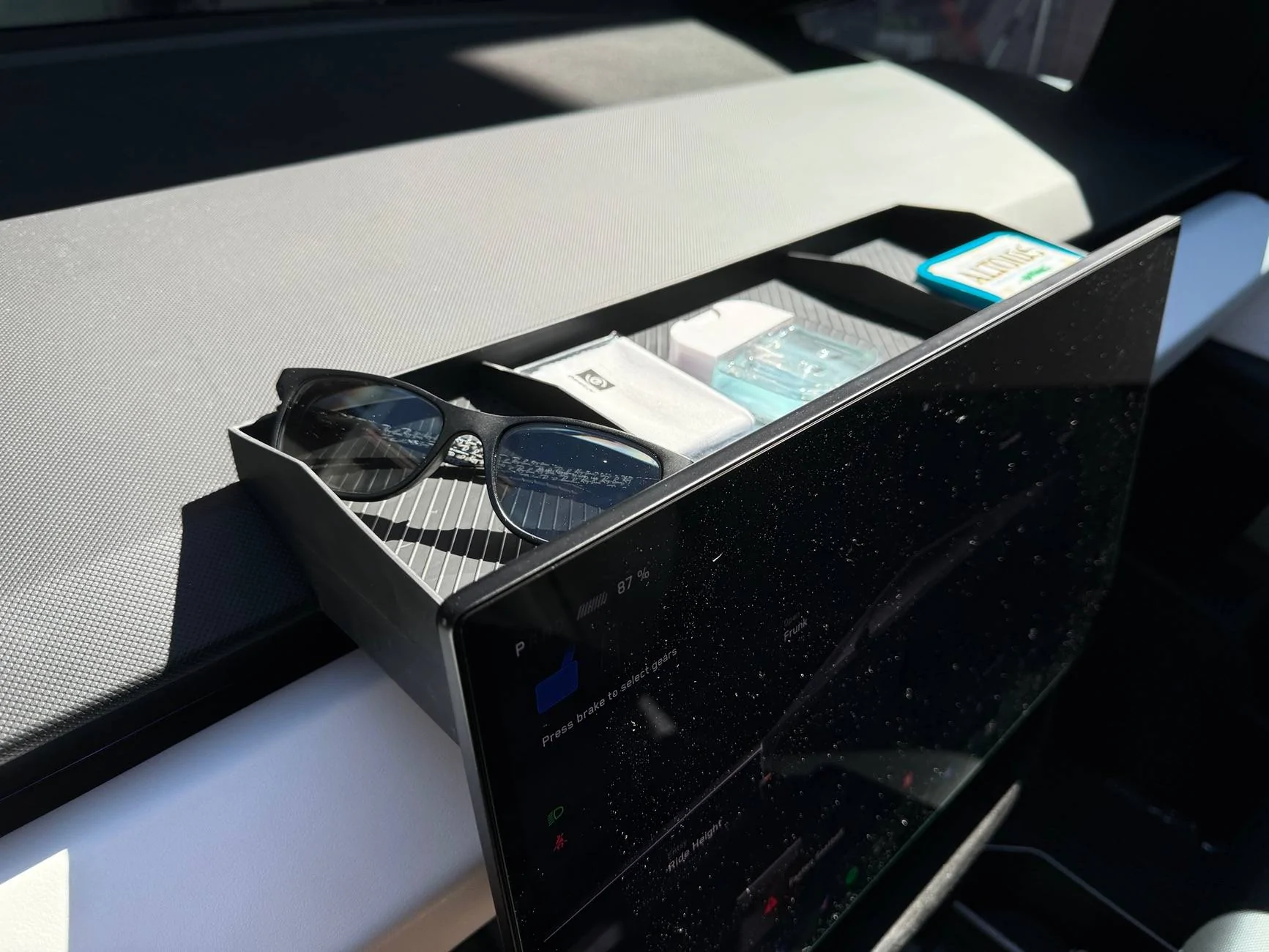 Tesla Cybertruck Center Console Organizer Behind Screen Storage Box prototype from Basenor IMG_7156