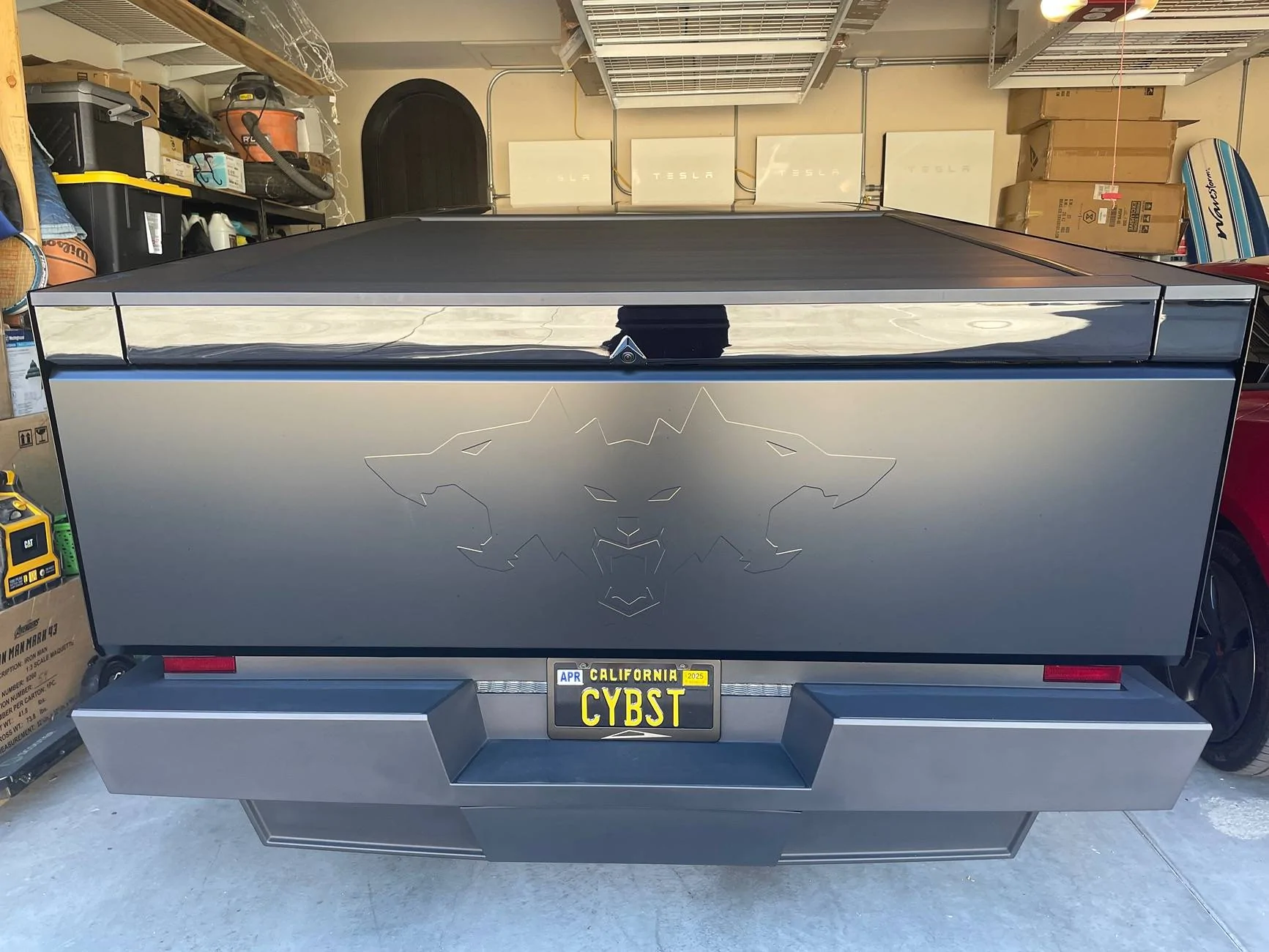Tesla Cybertruck Matte Black CyberBeast w/ Roadster Style Tesla Lettering Emblem Trunk Badge IMG_1351