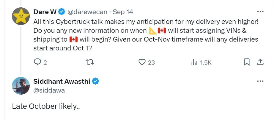 Tesla Cybertruck Canada delivery late Oct - Cybertruck Vehicle Program Manager oct