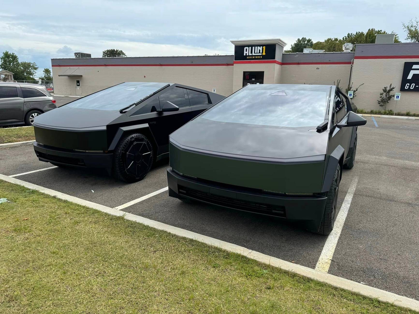 Tesla Cybertruck GREEN Vinyl Wrap & PPF Cybertruck -- Photos & Videos 3m matte pine green metallic vinyl wrap 2 tone cybertruck 1
