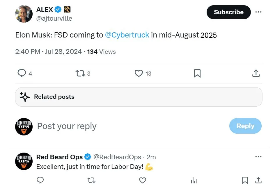 Tesla Cybertruck Musk: FSD for Cybertruck mid-August! 1726675900037-g5