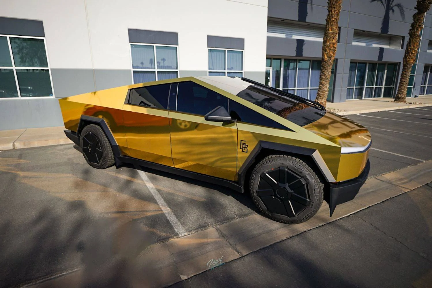 Tesla Cybertruck CHROME Vinyl Wrap PPF & MIRROR Polished Cybertruck -- Photos & Videos tesla cybertruck Avery Dennison Gold Chrome wrap with gloss laminate, ceramic coating and X