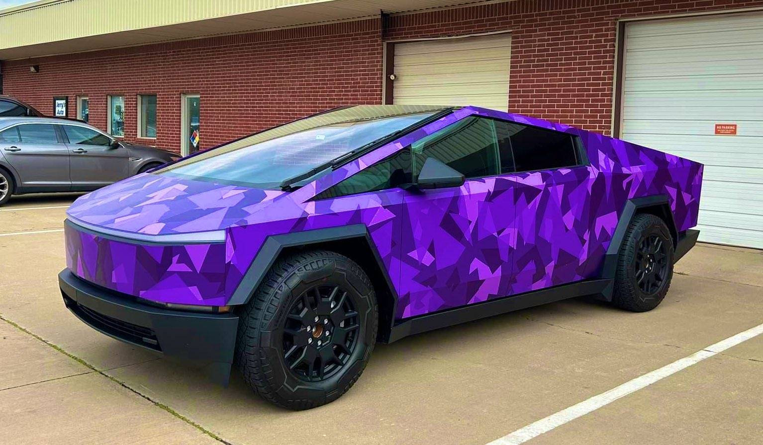Tesla Cybertruck Camo / Camouflage Vinyl Wrap & PPF Cybertruck -- Photos & Videos purple camo wrap cybertruck
