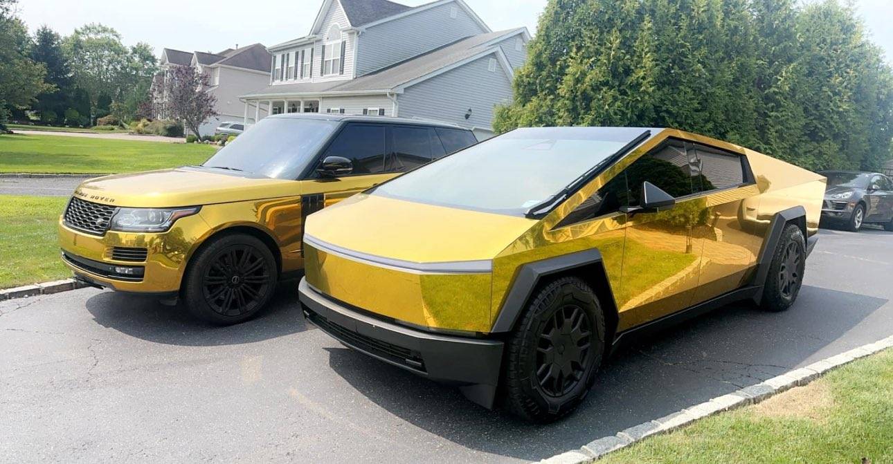 Tesla Cybertruck CHROME Vinyl Wrap PPF & MIRROR Polished Cybertruck -- Photos & Videos gold chrome wrap cybertruck