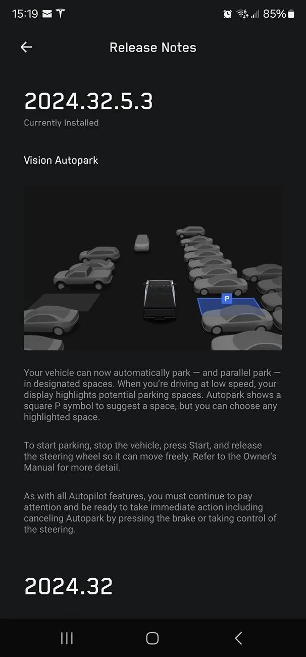 Tesla Cybertruck New AUTOPARK point release being pushed (2024.32.5.2) Screenshot_20240923_151955_Tesla