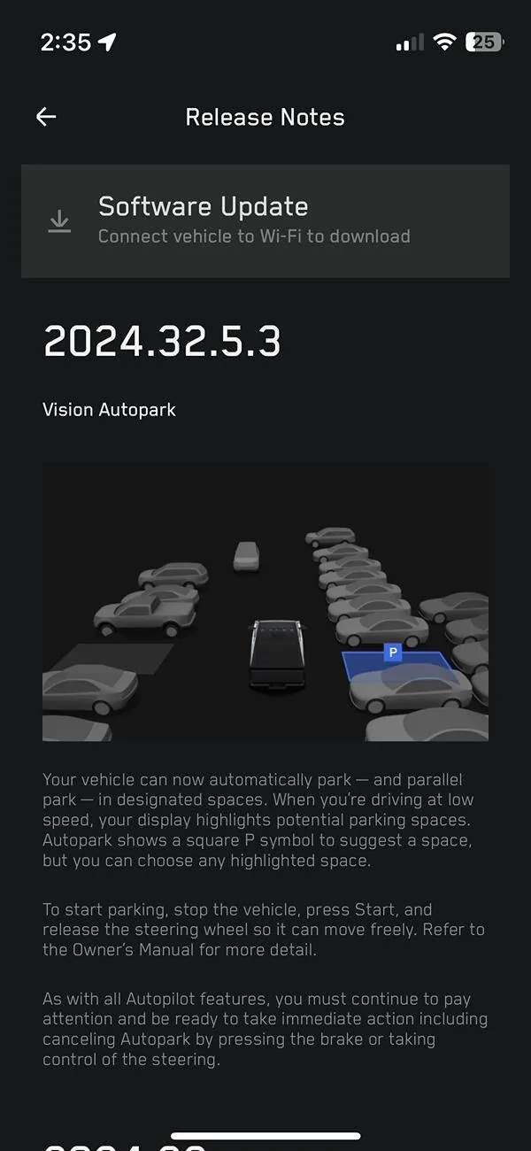 Tesla Cybertruck New AUTOPARK point release being pushed (2024.32.5.2) IMG_6338