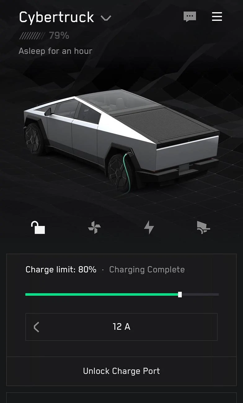 Tesla Cybertruck Charge limit set to 80%, truck is asleep at 79% 1727231012702-iv