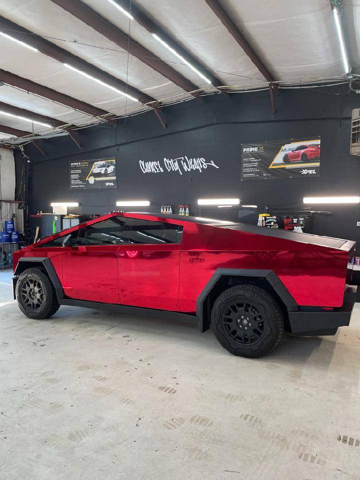 Tesla Cybertruck RED Vinyl Wrap & PPF Cybertruck -- Photos & Videos Chrome Red Cybertruck wrap vinyl 1