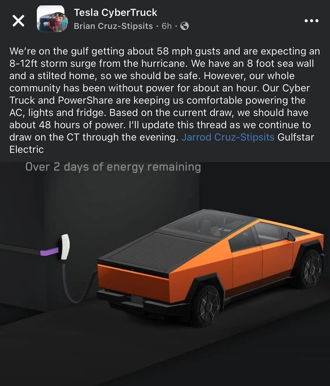 Tesla Cybertruck Wade Mode + Powershare helping in flood water crossing and power outage during Hurricane Helene GYdQzTaacAATros