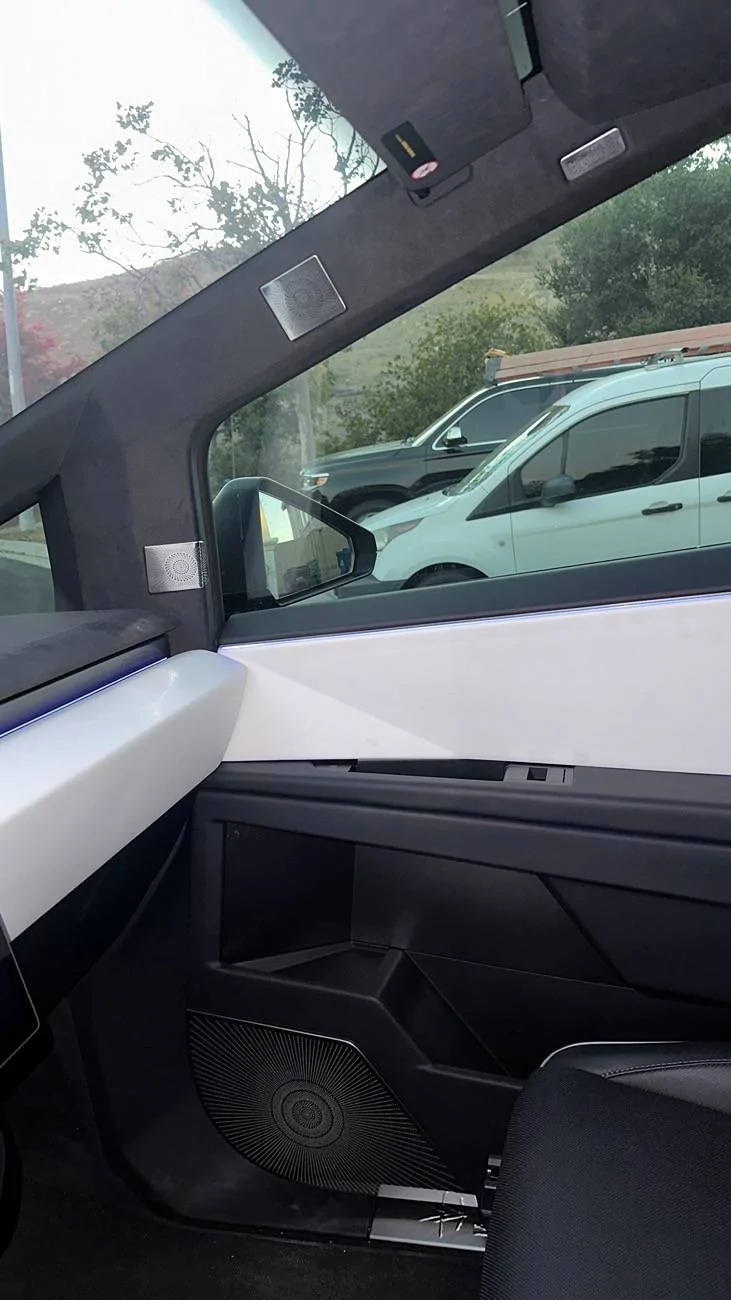 Tesla Cybertruck Polished stainless steel speaker covers by BestEVmod - installed photos & review on Cybertruck IMG_7120