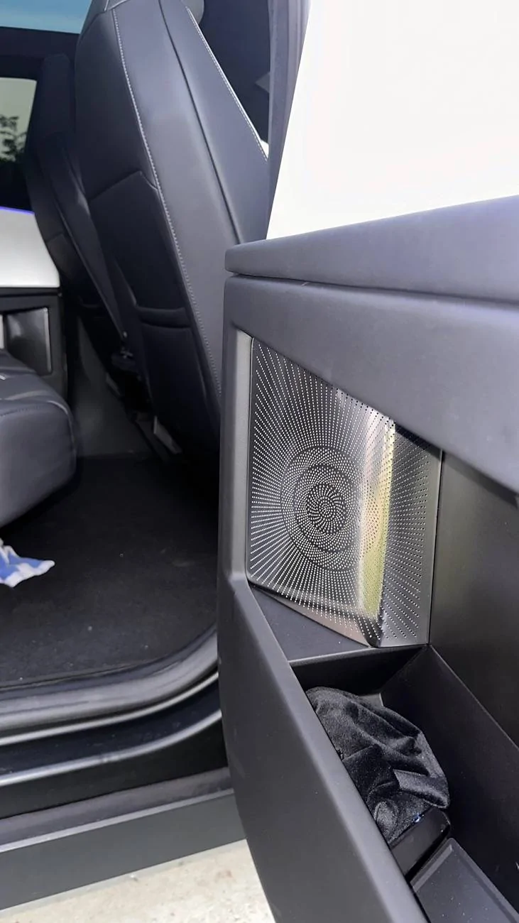 Tesla Cybertruck Polished stainless steel speaker covers by BestEVmod - installed photos & review on Cybertruck IMG_7118