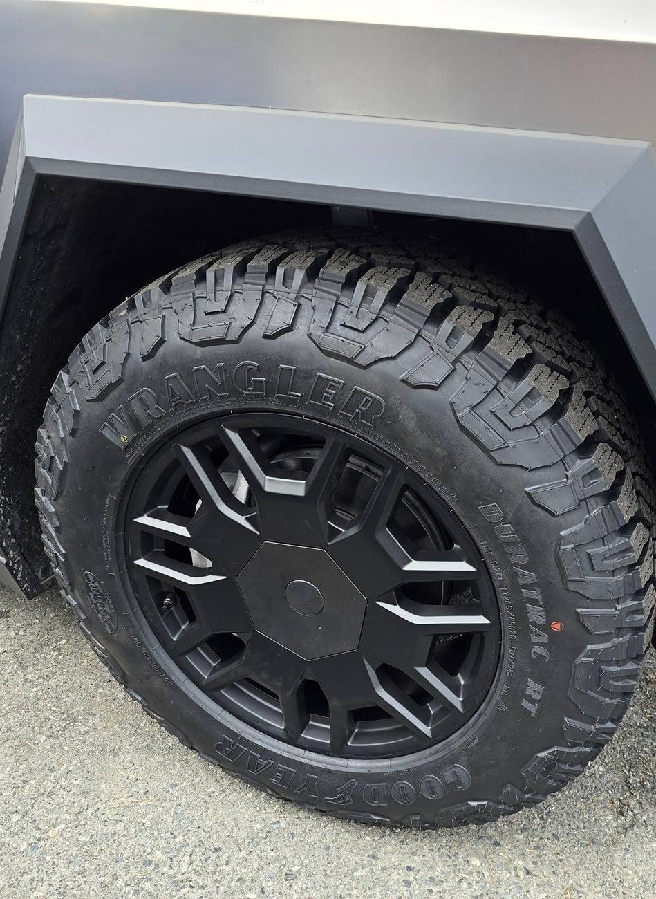 Tesla Cybertruck 20" Goodyear DuraTrac Tires (Cybertruck Winter Tire Package) First Installed Look cybertruck winter tire package wrangler duratec RT tires