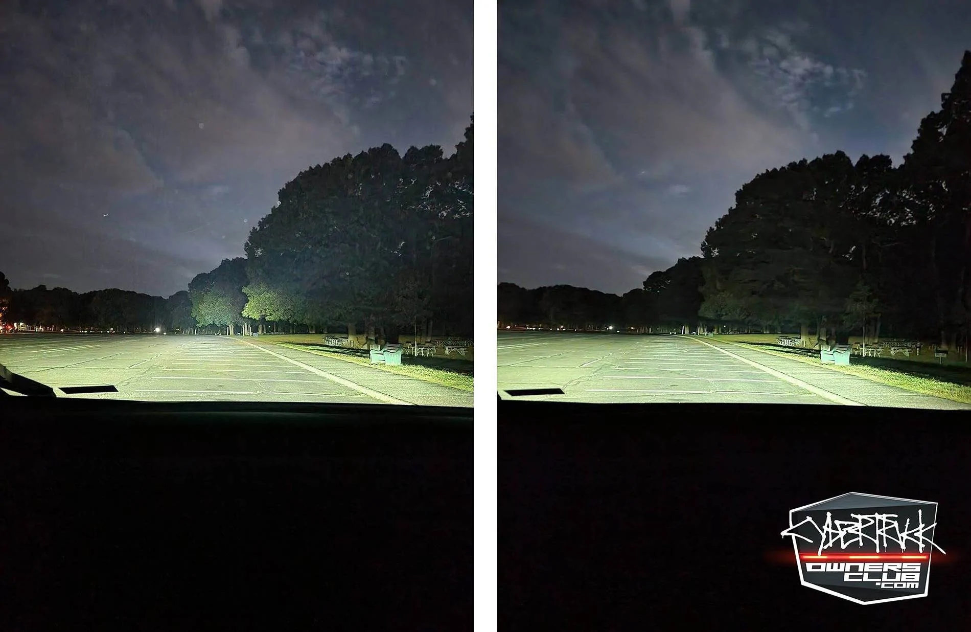 Tesla Cybertruck Offroad Light Bar Installed by Service Center! Menu first look: Ditch Lights & Flood Flights functions light-bar-on-night-time-flood-lights-on-vs-off-jpg