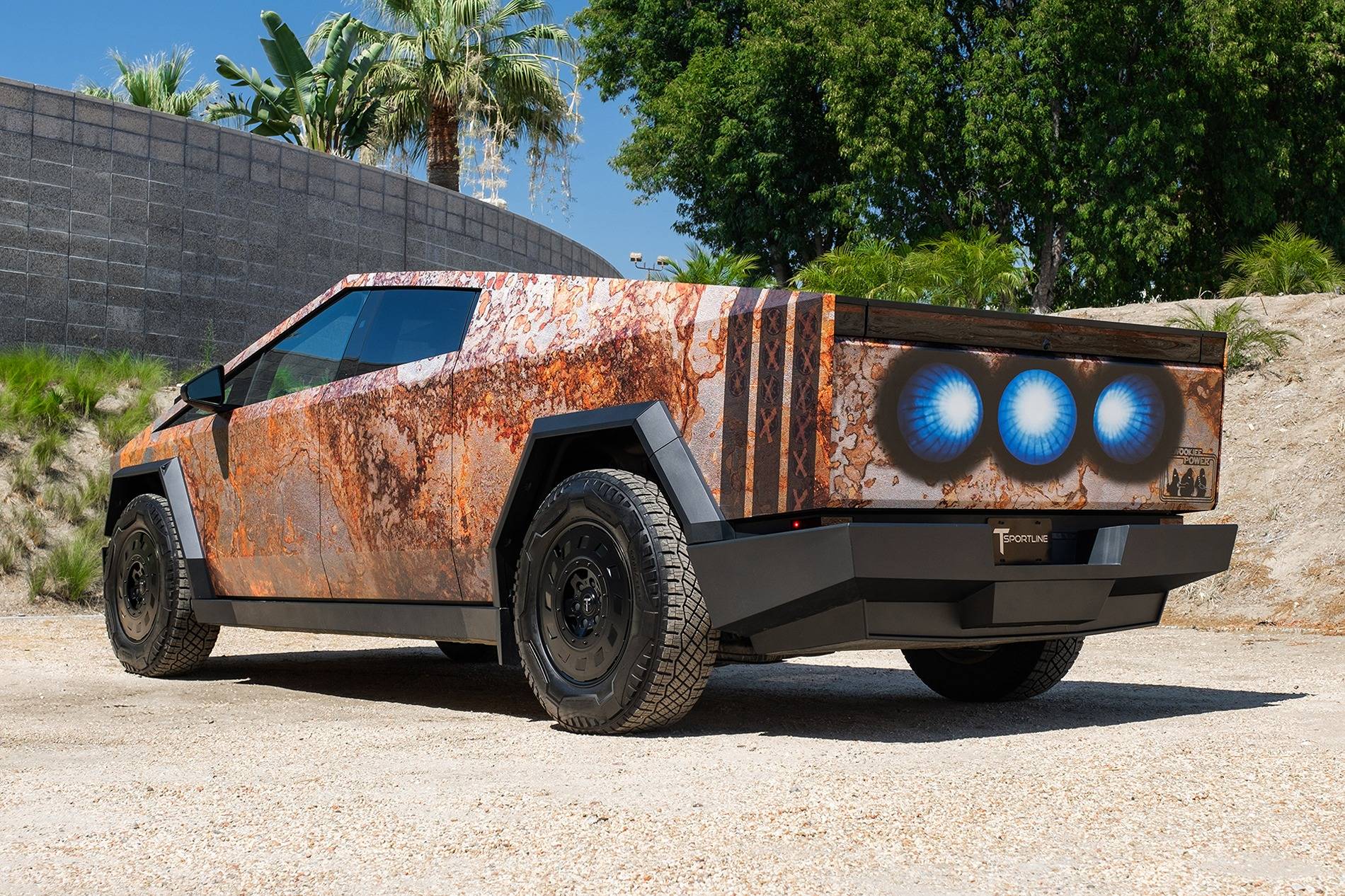 Tesla Cybertruck May the Force be with you! Custom printed Star Wars x Rust themed Cybertruck wrap by T Sportline star-wars-inspired-rust-wookie-power-tesla-cybertruck-tct-20-inch-wheels-satin-black-1920-3