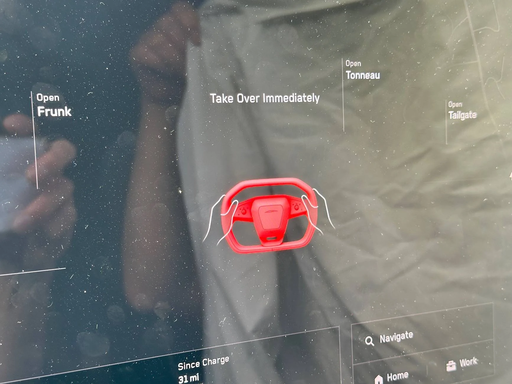 Tesla Cybertruck Bug in FSD: "Take Over Immediately" alert warning remains on display screen IMG_6424
