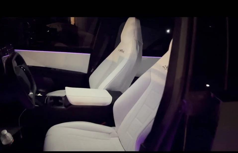 Tesla Cybertruck Aftermarket white leather seat covers from EVBASE -- installed review & photos IMG_9530
