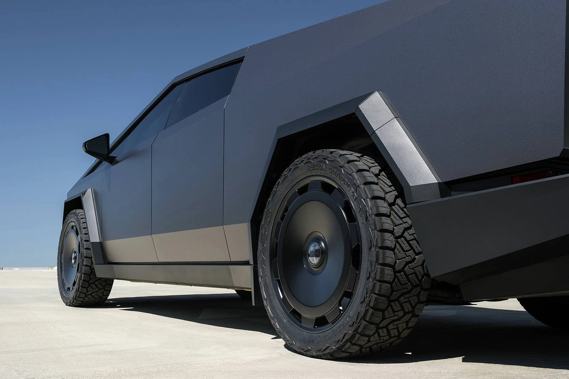 Tesla Cybertruck GREY / GRAY Vinyl Wrap & PPF Cybertruck -- Photos & Videos 3M Satin Dark Gray wrapTsportline  24%22 CTM fully forged monoblock wheels on Cybertruck 1