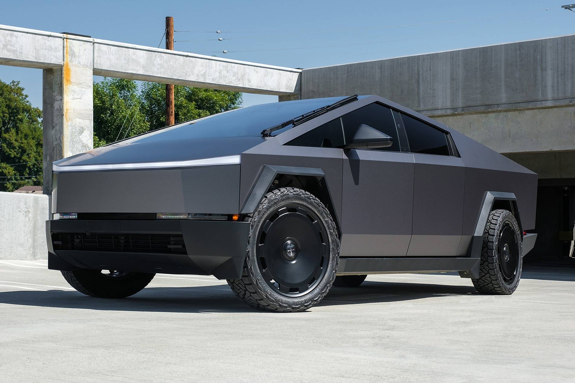 Tesla Cybertruck GREY / GRAY Vinyl Wrap & PPF Cybertruck -- Photos & Videos 3M Satin Dark Gray wrapTsportline  24%22 CTM fully forged monoblock wheels on Cybertruck 2