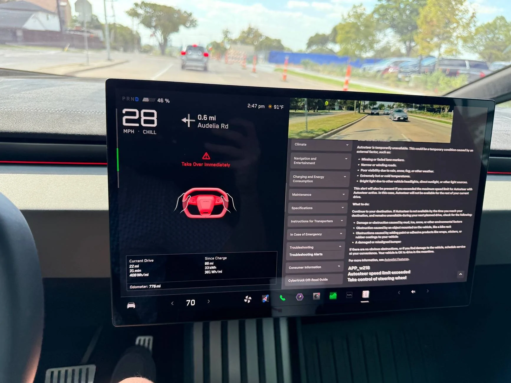 Tesla Cybertruck Bug in FSD: "Take Over Immediately" alert warning remains on display screen IMG_5884