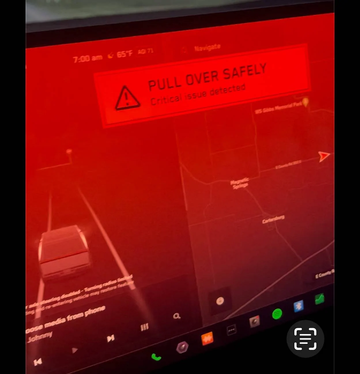 Tesla Cybertruck PULL OVER SAFELY Critical error detected screen IMG_9021