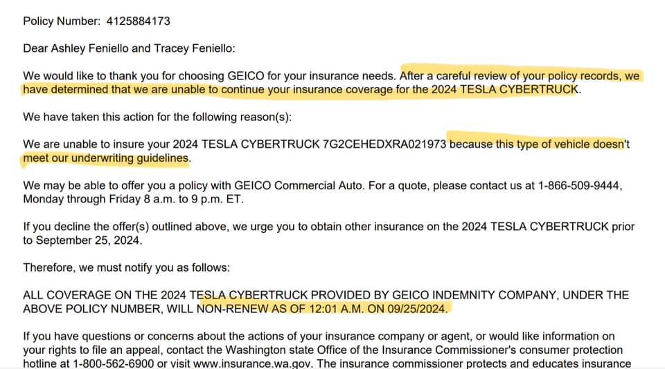 Tesla Cybertruck GEICO cancelling all Cybertruck insurance policies???? What???? 1000000582