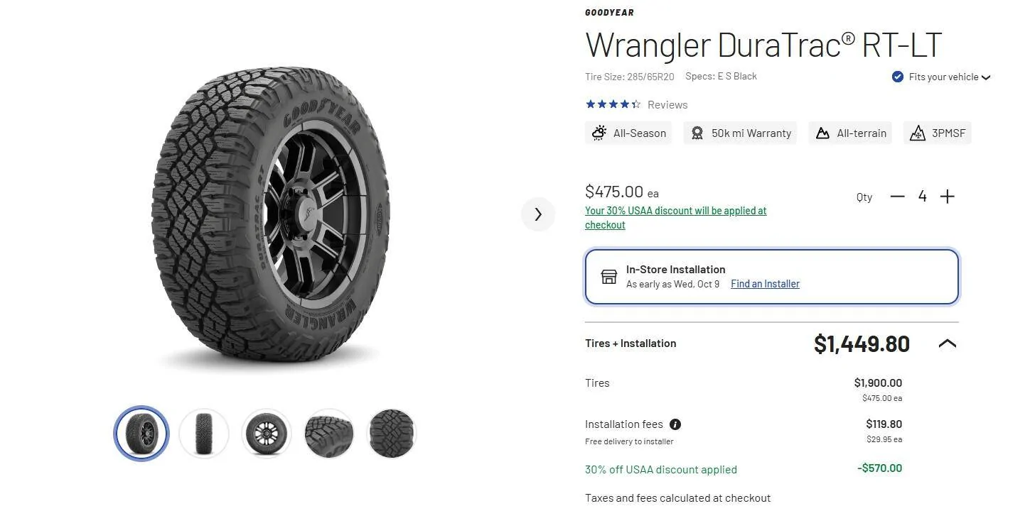 Tesla Cybertruck Found Cybertruck OEM Tires on Tire Rack (Goodyear  Wrangler Territory RT) 1728315091573-y4