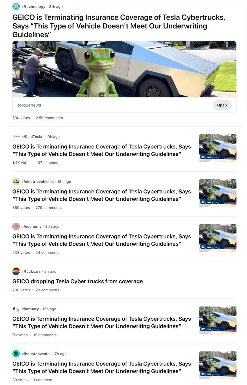 Tesla Cybertruck Geico Cybertruck insurance official update: "GEICO has coverage available nationwide for the Tesla Cybertruck" Screenshot 2024-10-07 at 10.30.04 AM