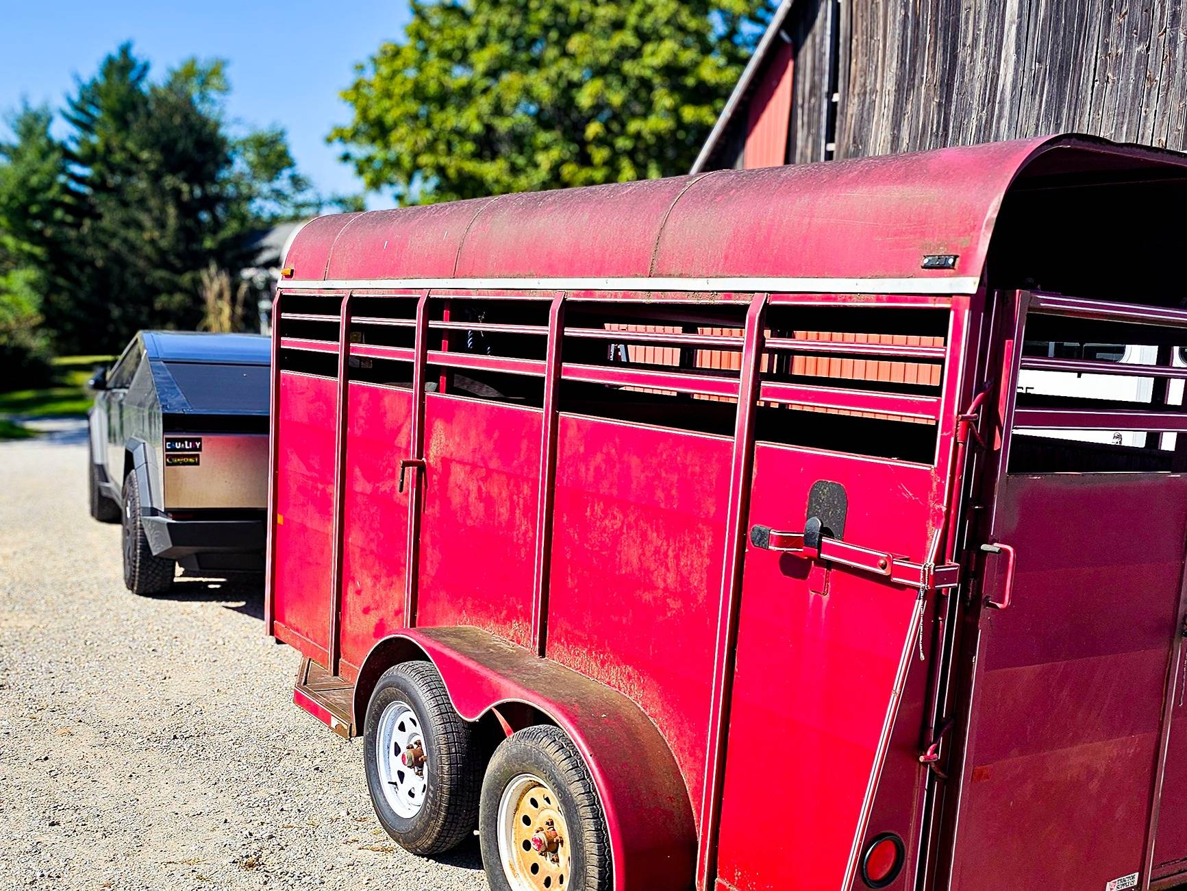 Tesla Cybertruck Doing more truck stuff - towing Horse Trailer 20241006_143625