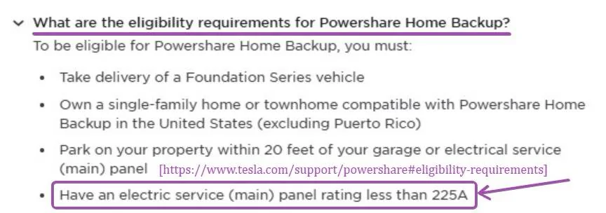 Tesla Cybertruck Powerwall and CT Powershare G-3V default energy prioritizing 225 amp or less main panel requirement - FAQ Tesla Powershar