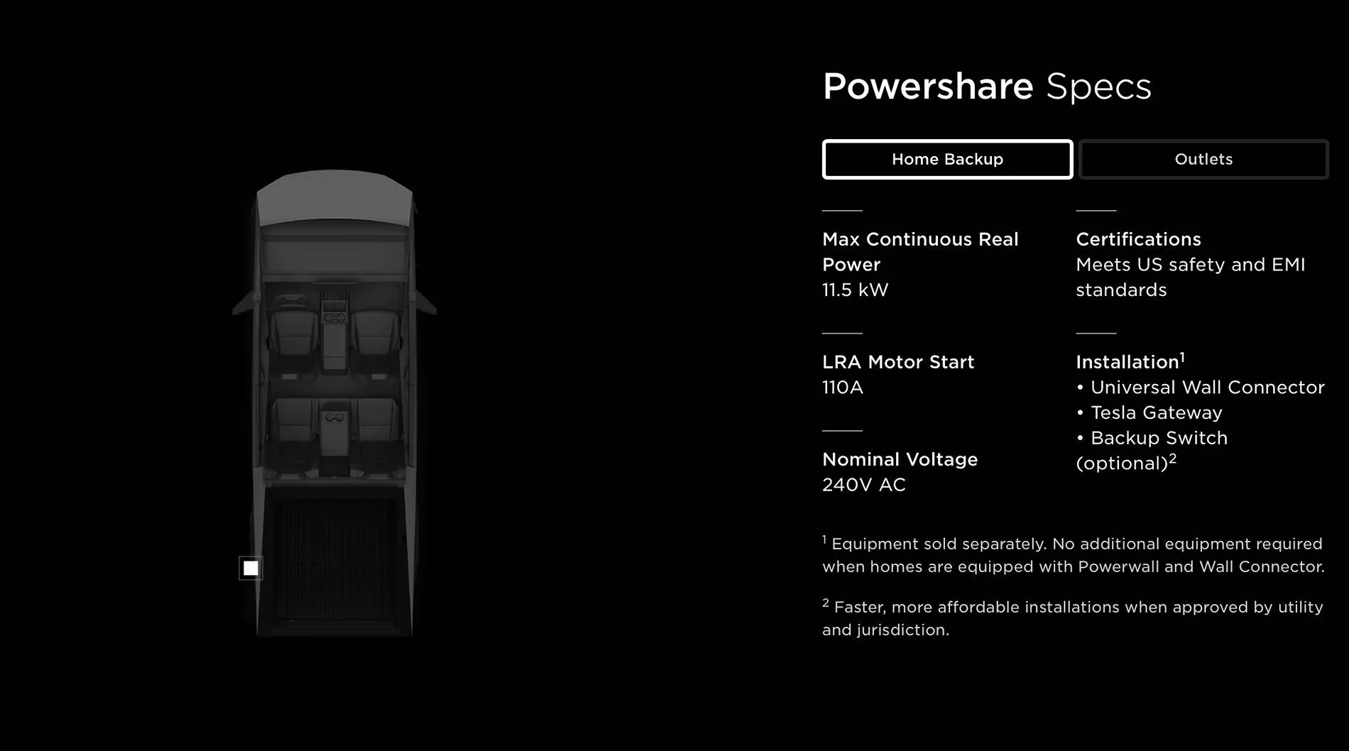 Tesla Cybertruck Powerwall and CT Powershare G-3V default energy prioritizing Powershare specs - home backu