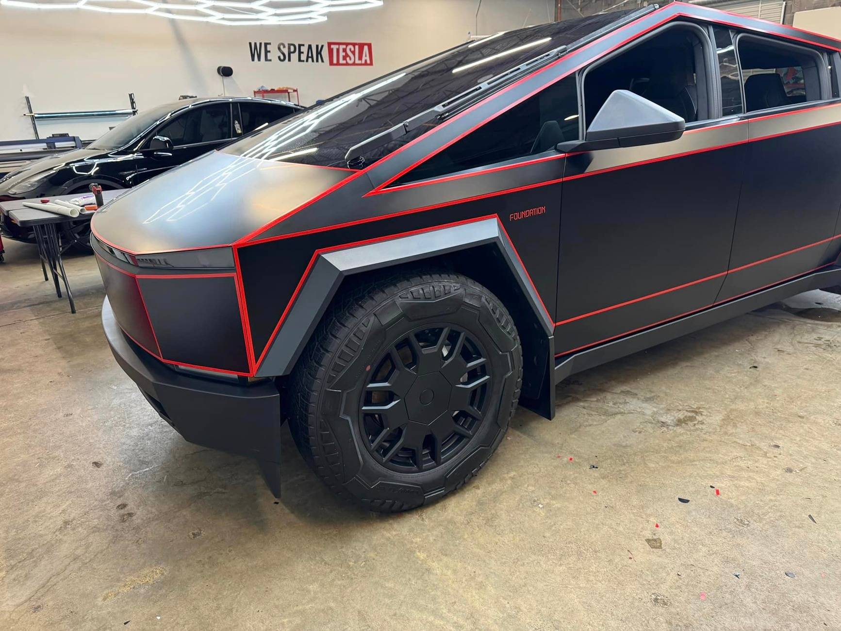 Tesla Cybertruck Matte Black PPF + Red Vinyl Pinstripes on TRON / Batmobile Cybertruck DKD Matte Black PPF + 3M Reflective Red Vinyl Pinstripes on TRON Cybertruck 1