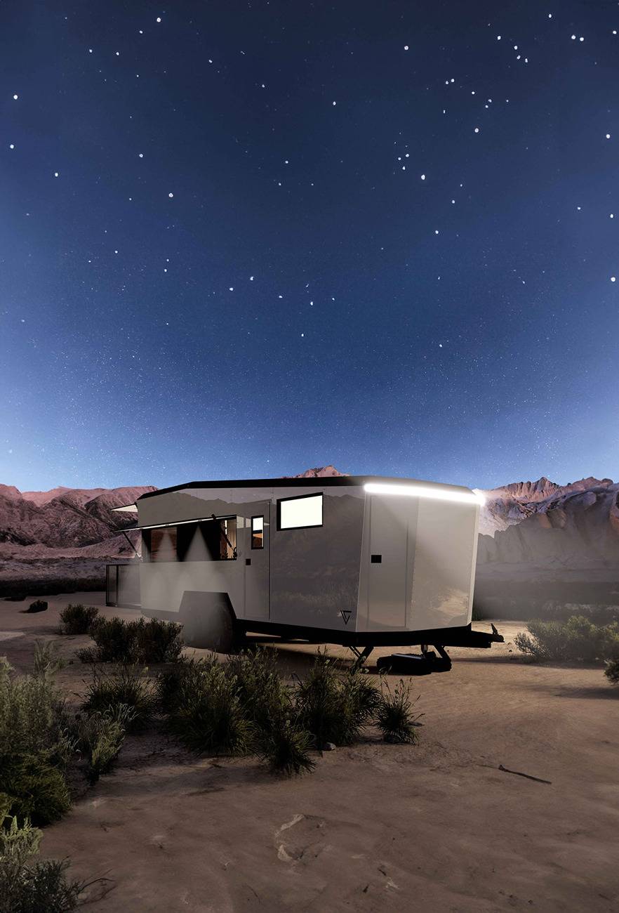 Tesla Cybertruck CyberTrailer by Living Vehicle -- specs and images released 670014445d69224f2bd3cd2e_CyberTrailer-Exterior-Camp-3-4-Fron