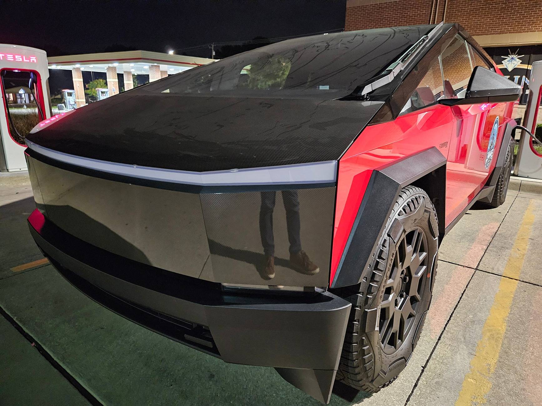 Tesla Cybertruck Cybertruck Wrapped: Dragon Blood Chrome, Carbon Fiber Frunk, Side Mirrors and Fascia with PPF and Pillar Delete 20241012_022827