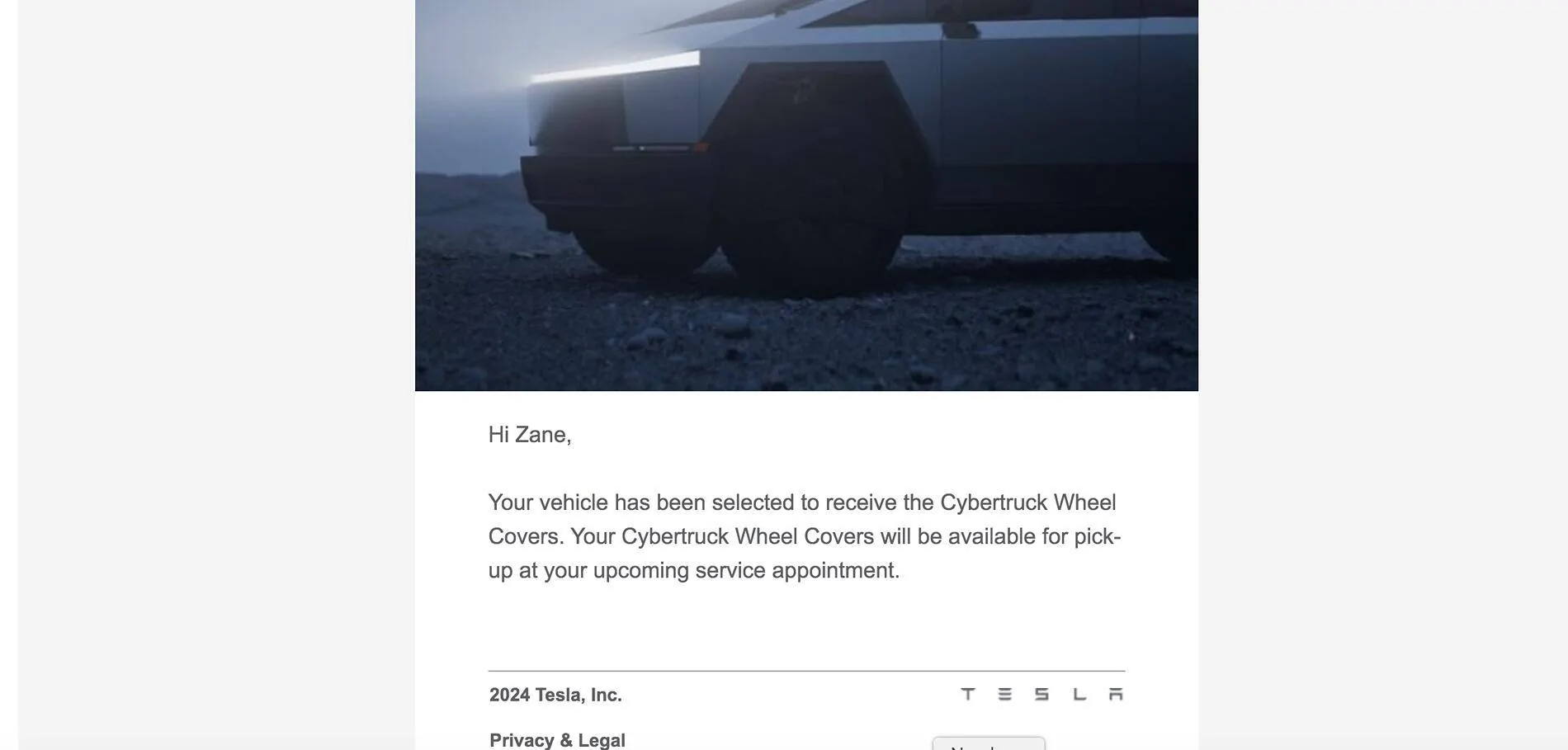 Tesla Cybertruck Cyber Wheel Covers pick-up delivery emails going out to owners now 1729182900458-jg