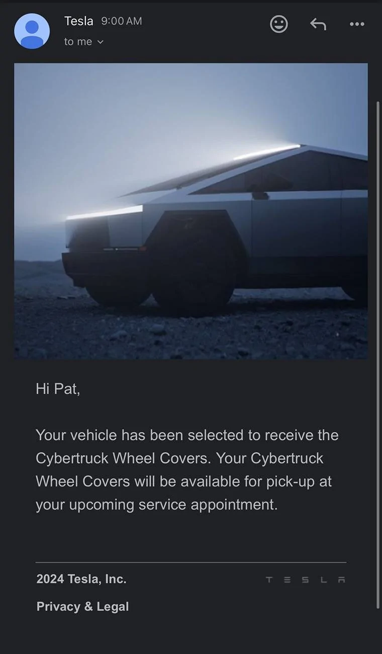 Tesla Cybertruck Cyber Wheel Covers pick-up delivery emails going out to owners now IMG_6531
