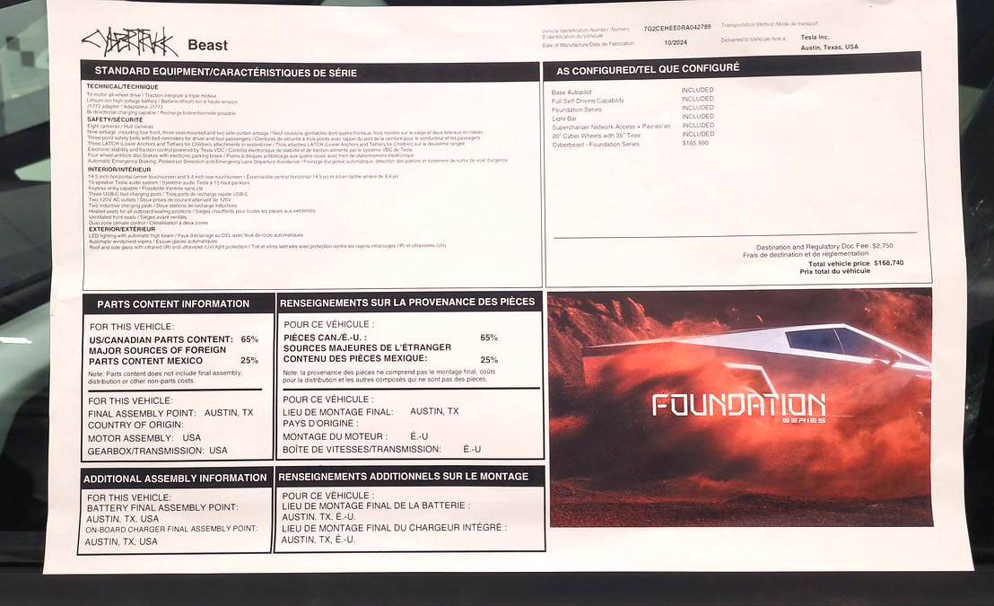 Tesla Cybertruck Canada Cyberbeast Foundation Series Priced at $168,740 CAD (Window Sticker Attached) canada cybertruck cyberbeast price window sticker pricing 