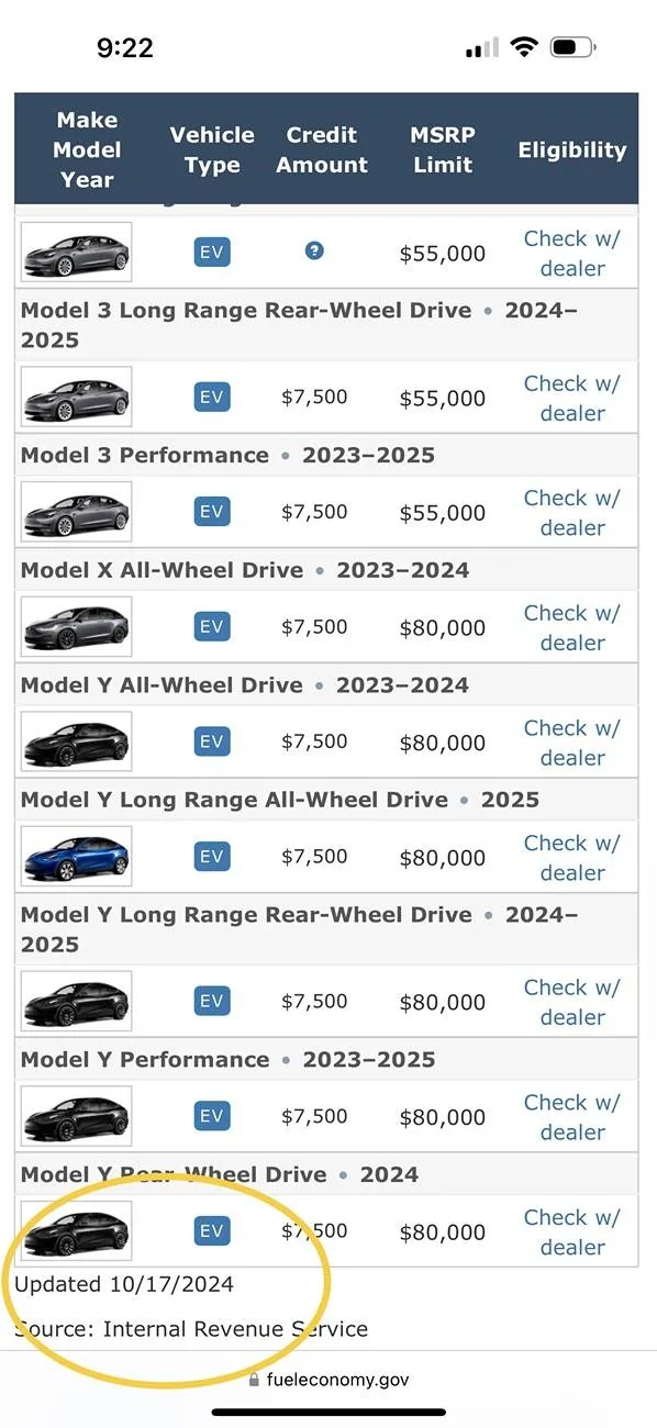Tesla Cybertruck $7,500 Tax Credit? FuelEconomy was updated on 10/1/2024 :( IMG_8392
