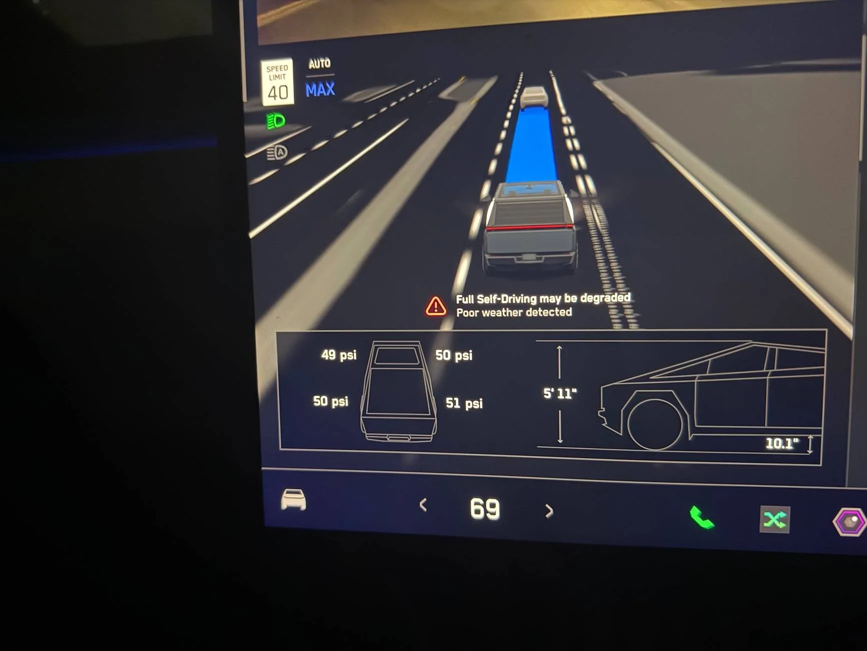 Tesla Cybertruck FSD degraded in light rain / drizzle at night IMG_0037
