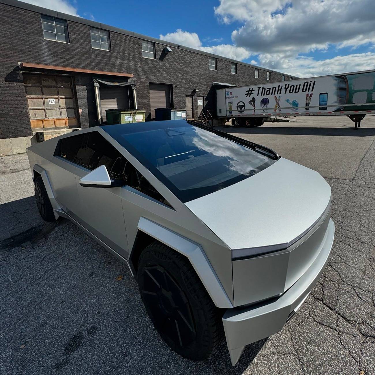 Tesla Cybertruck Cybertruck in 3M Satin Silver Aluminum Wrap + Painted Plastic Pumpers + Ceramic Coating Cybertruck 3M Satin Silver Aluminum Vinyl Wrap, Painted Plastic Bumpers, Ceramic Coating 4