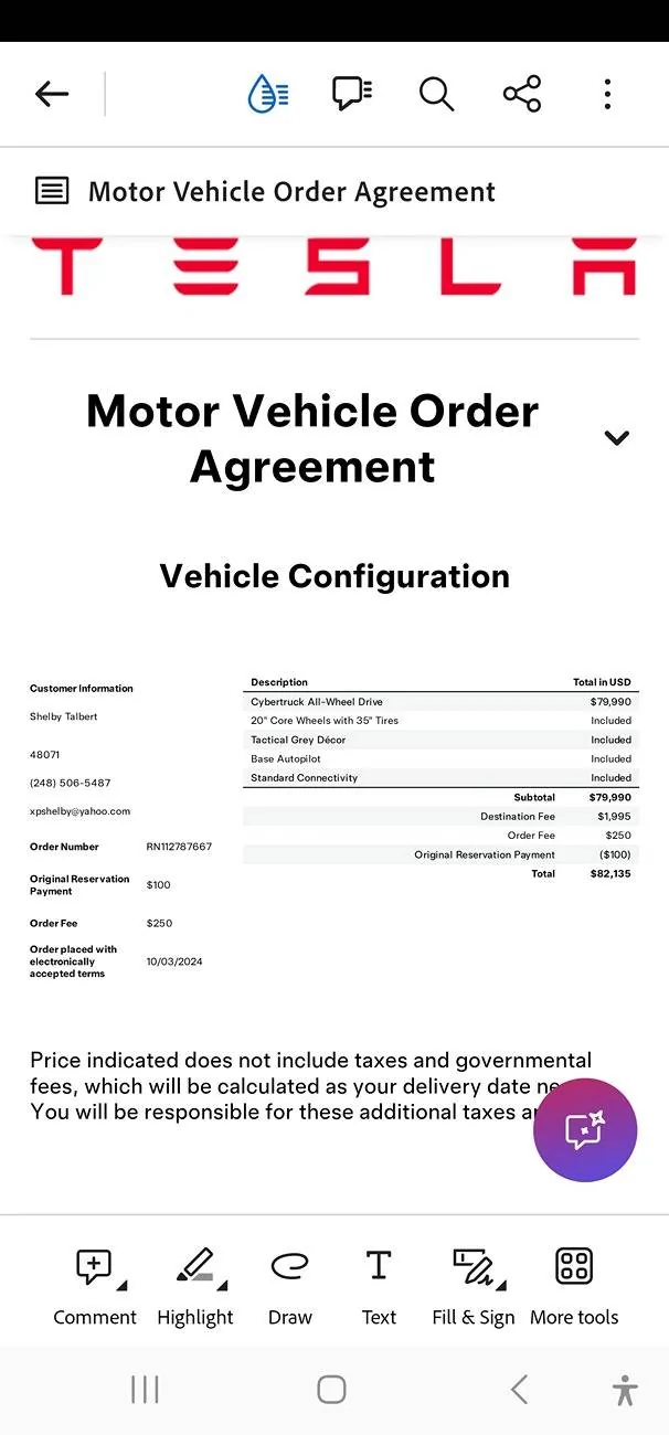 Tesla Cybertruck Tesla changed my order agreement without notifying me Screenshot_20241026_114602_Adobe Acrobat